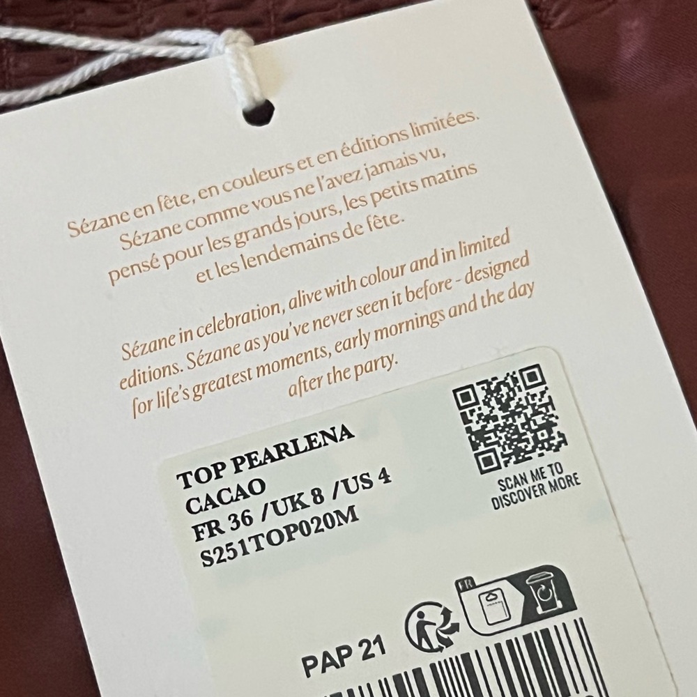 Sezane Editions 100% Silk Pearlena Top in Cacao Mahogany Brown NWT US 4 - Picture 6 of 11